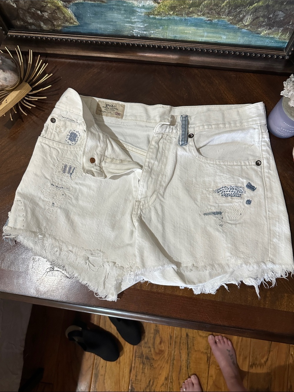 Ralph Lauren Cream Distressed Denim Cutoff Shorts